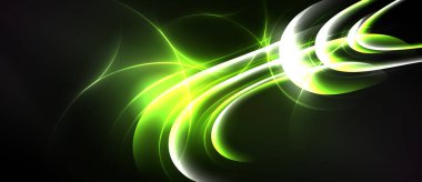 Soyut parlak eğriler, parlak yeşil enerji koyu arkaplan boyunca akar. Dinamik kompozisyon fütüristik his yaratır..