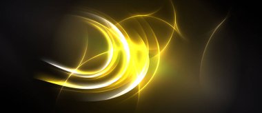 Parlak sarı enerji akar, karanlık arka planda kıvrımlar oluşur. Soyut tasarım hareketi, ışığı, gücü çağrıştırıyor.