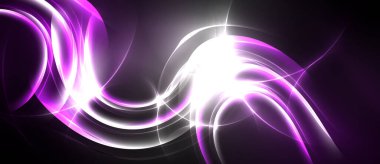 Soyut enerji akışları, canlı mor renkler, parlak beyaz merkez. Dinamik kıvrımlar hareketi, parlak tasarımı, koyu arkaplanı gösterir.