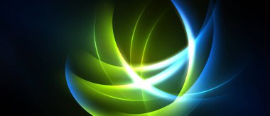 Soyut parlak girdaplar, canlı maviler, yeşiller, beyaz merkezler. Dinamik enerji parlayan kıvrımlardan, karanlık arkaplandan yayılır.