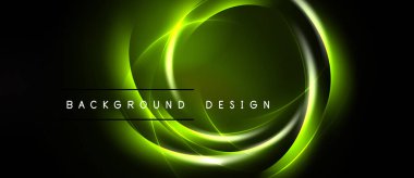 Parlak neon halkalar koyu arkaplanla örtüşüyor. Modern tasarım, dinamik görsel etki yaratan parlak çizgiler içerir. Metin arkaplan tasarımı okur.