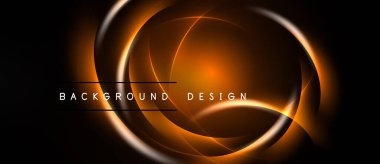 Soyut tasarım, siyah zemine karşı parlayan turuncu kıvrımlar içeriyor. Dairesel şekiller dinamik görsel efektler yaratır. Modern, zarif bir sunum..