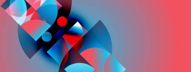 Üst üste binen şekiller içeren soyut kompozisyon. Mavi, kırmızı renkler baskın, dinamik görsel etki yaratıyor. Gradyan arkaplan derinlik ekler.