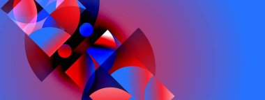 Soyut şekiller canlı mavileri, kırmızıları, morları harmanlıyor. Dinamik bileşim modern görsel etki yaratır. Yumuşak gradyanlar biçimleri tanımlar.