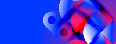 Soyut şekiller örtüşür, canlı mavi, kırmızı, beyaz renk karışımları yaratır. Dinamik bileşim, hareket, enerji ve modern tasarım öneriyor.