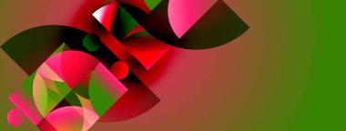 Soyut şekiller örtüşüyor, canlı renk değişimleri yaratıyor. Kırmızı, yeşil, pembe baskın kompozisyon. Modern dijital sanat eseri.