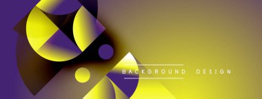 Soyut geometrik şekiller örtüşür, parlak sarı ve mor renkler yaratır. Arkaplan ve sunumlar için modern tasarım ögesi.