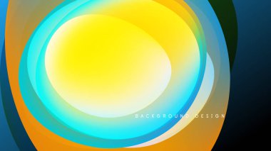 Soyut enerji çemberleri çakışıyor, dinamik renkli akış yaratıyor. Sarı, turuncu ve mavi renklerle çevrili merkeze hükmediyor. Siyah arkaplan karşıtlığı artırır.