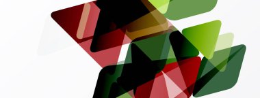 Soyut şekiller örtüşür, dinamik bileşim yaratır. Renkler kırmızı, yeşil, siyah, beyaz. Modern tasarım ögesi.