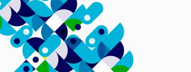 Soyut geometrik şekiller, mavi, yeşil, beyaz. Üst üste binen formlar dinamik görsel doku yaratır. Modern tasarım, temiz estetik.