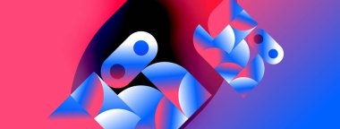 Soyut geometrik şekiller canlı pembeleri, mavileri, siyahları harmanlıyor. Dinamik bileşim modern görsel etki yaratır. Yumuşak eğimler derinliği artırır.