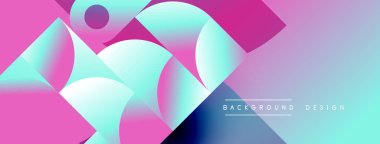 Soyut geometrik şekiller canlı pembeleri, mavileri, morları harmanlarlar. Gradyan renkler dinamik görsel efekt yaratır. Modern tasarım ögesi.
