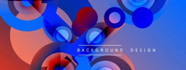 Soyut geometrik şekiller örtüşüyor, canlı mavi ve kırmızı renkler yaratıyor. Tasarım daireler, kavisler, pürüzsüz geçişler. Modern estetik.