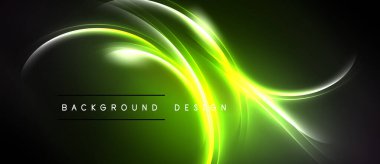 Parlak yeşil, sarı ışık çizgileri koyu arkaplan boyunca akar. Soyut tasarım enerjiyi, hareketi, modern estetiği çağrıştırıyor.