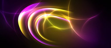 Soyut girdaplar, canlı renkler. Sarı, mor, ışık dinamik enerji yaratır. Karanlık arka planda akış biçimleri..