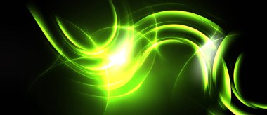 Parlak yeşil enerji akar, kıvrımlar merkezi noktadan yayılır. Koyu arkaplan parlak çizgileri vurgular, dinamik görsel efekt yaratır.