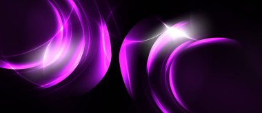 Soyut mor girdaplar, parlak kıvrımlar, koyu arkaplan. Parlak ışık çarpıcı bir etki yaratıyor, modern tasarım elementleri.