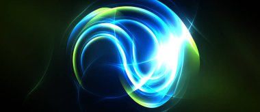 Parlak dönen enerji soyut dairesel şekil oluşturur. Canlı mavi, yeşil renkler koyu arkaplana hakim. Işık yayar, dinamik görsel efekt yaratır..