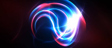 Parlak dönen ışıklar soyut şekiller oluşturur. Canlı mavi, kırmızı renkler koyu arkaplana hakim. Enerji yayılır, dinamik görsel etki yaratır..