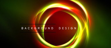 Karanlık arka planda soyut neon halkalar. Canlı renkler harmanlanarak, dinamik görsel efekt yaratır. Metin arkaplan tasarımı okur.