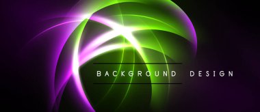 Soyut neon ışıklar dinamik kıvrımlar, canlı renkler yaratır. Arka planda mor, yeşil renkler, merkezi ışıltı var. Modern tasarım ögesi.