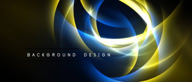 Soyut dinamik çizgiler ışıltılı bir etki yaratır. Altın, mavi renkler harmanlanarak modern arkaplan tasarımı oluşturur. Minimalist metin mevcut.