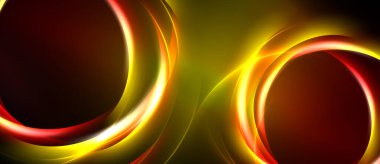 Soyut tasarım canlı daireler, kıvrımlar içerir. Sıcak renkler baskın, dinamik görsel etki yaratıyor. Arkaplan koyu, zıt şekiller.