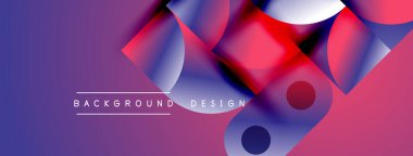 Soyut geometrik şekiller örtüşüyor, canlı mor, mavi, kırmızı renkler yaratıyor. Metin, formların altındaki arkaplan dizaynını okur.