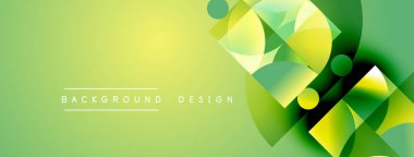 Soyut yeşil arkaplan özellikleri üst üste binen şekiller, gradyanlar, pürüzsüz geçişler. Dijital projeler için modern tasarım ögesi.