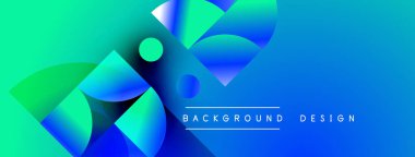 Soyut gradyan şekiller çakışıyor, dinamik görsel etki yaratıyor. Mavi, yeşil renkler kompozisyona hakim. Metin arkaplan tasarımı okur.