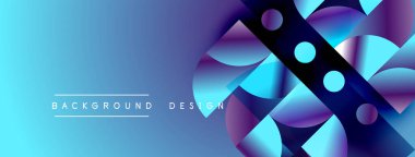Soyut gradyan arka plan geometrik şekiller, daireler, üçgenler içerir. Canlı mavi ve mor renkli modern tasarım. Minimalist estetik.