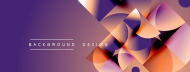 Soyut geometrik şekiller örtüşüyor, dinamik mor, turuncu gradyanlar yaratıyor. Modern tasarım elementleri yenilik ve akıcılık öneriyor.