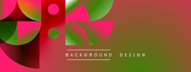 Soyut geometrik şekiller, canlı renklerin karışımı. Gradyan arka plan modern görsel etki yaratır. Tasarım elementleri üst üste binerek dinamik bileşim oluşturur.