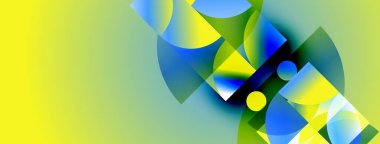 Geometrik şekilli soyut kompozisyon, canlı renkler, sarı arka plan. Üst üste binen formlar dinamik görsel efekt yaratır.