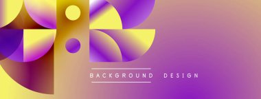 Soyut geometrik şekiller sarı ve mor renkleri harmanlarlar. Gradyan arka plan modern görsel efekt yaratır. Metin arkaplan tasarımı okur.