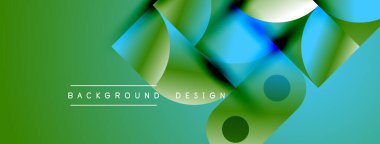 Soyut geometrik şekiller örtüşüyor, dinamik yeşil, mavi gradyanlar yaratıyor. Metin, arkaplan tasarımının merkezde konumlandığını okuyor. Modern görsel kompozisyon.