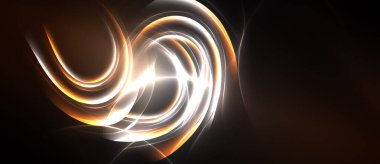 Soyut girdaplar, parlak turuncu, beyaz arka planda parlıyor. Dinamik enerji merkezi noktadan yayılır. Yumuşak eğriler görsel ilgi yaratır.