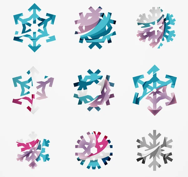 Set of abstract colorful snowflake logo icons, winter concepts, clean modern geometric design — Stock Vector