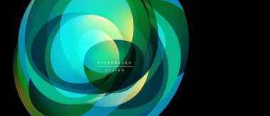 Soyut dairesel tasarım. Canlı yeşiller, blues karışımı. Modern, dinamik kompozisyon. Metin arka plan tasarımı okur. Yumuşak eğimler derinlik yaratır.