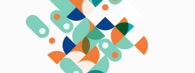 Soyut geometrik şekiller çakışıyor. Teal, turuncu, donanma renkleri beyaz arkaplana hakim. Modern tasarım elemanları.