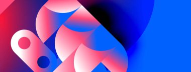 Soyut şekiller canlı pembeler, maviler harmanlıyor. Sıvı formları dinamik bileşim oluşturur. Modern tasarım enerjiyi ve hareketi çağrıştırıyor..