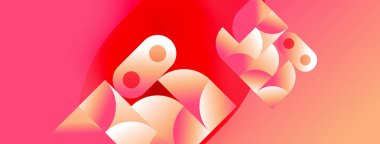 Soyut geometrik şekiller, canlı kırmızı gradyan arkaplan. Modern tasarım, minimalist estetik, oyuncu kompozisyon.