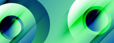 Üst üste binen daireler, gradyanlar, havalı tonlar içeren soyut kompozisyon. Modern tasarım, dinamik şekiller görsel ilgi yaratıyor.