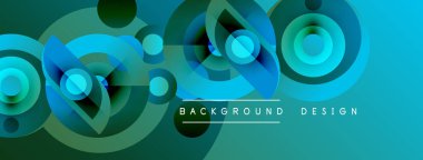 Soyut geometrik şekiller, canlı deniz mavisi renkleri, modern tasarım. Üst üste binen daireler dinamik görsel doku yaratır. Arkaplan yenilik öneriyor.