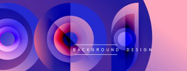 Soyut çemberler çakışıyor, canlı gradyanlar yaratıyor. Mor, mavi, pembe renkler tasarımda baskın. Metin arka plan tasarımı okur. Modern estetik.