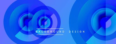 Soyut mavi daireler dinamik arkaplan oluşturur. Modern tasarım üst üste binen şekiller, gradyanlar, metin elementleri içerir. Minimalist estetik.