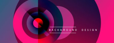 Soyut eşmerkezli daireler, canlı renkler, modern tasarım. Pembe, mor, mavi renkler dinamik görsel efekt yaratır. Metin arkaplan tasarımı okur.