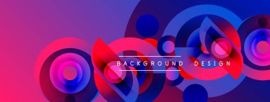 Soyut canlı tasarım, üst üste binen daireler, gradyanlar. Pembe, mor, mavi renkler dinamik görsel efekt yaratır. Metin arkaplan tasarımı okur.