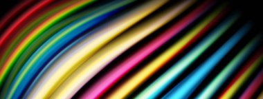 Parlak renkli çizgiler siyah arkaplanı süpürüyor. Dinamik soyut bileşim görsel enerji yaratır, modern estetik..