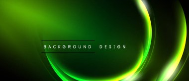 Parlak yeşil neon çizgiler koyu arkaplan üzerinde soyut şekiller oluşturur. Metin elementli minimalist tasarım. Yumuşak eğimler derinlik yaratır.